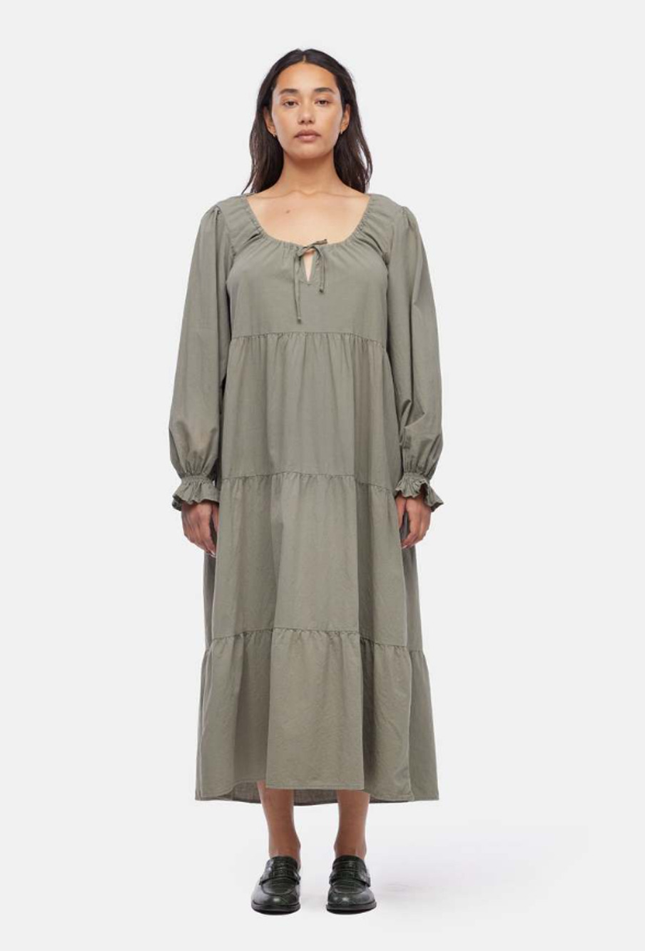 LACAUSA Women's Tate Tiered Midi Dress XS Eucalyptus Green Long Sleeve NWT